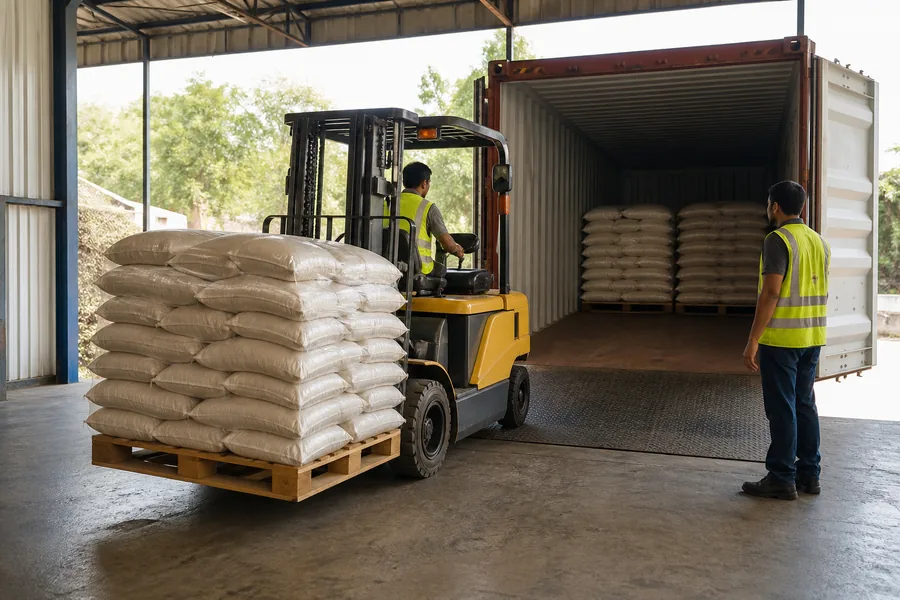 Warehouse team loading palletized export cargo into a container