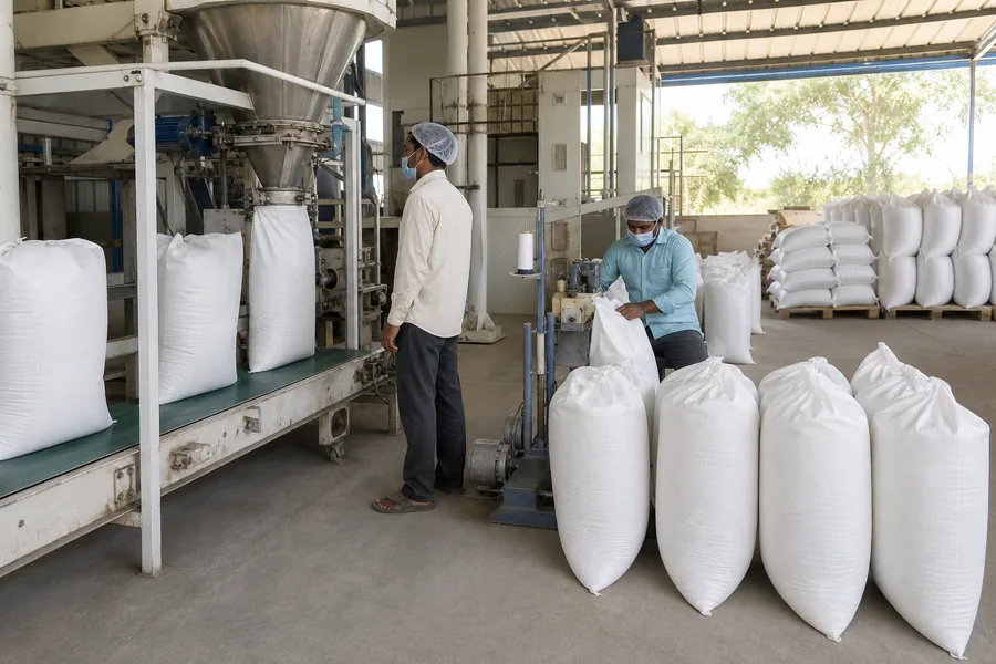 Export packing line filling and sealing food-grade PP sacks