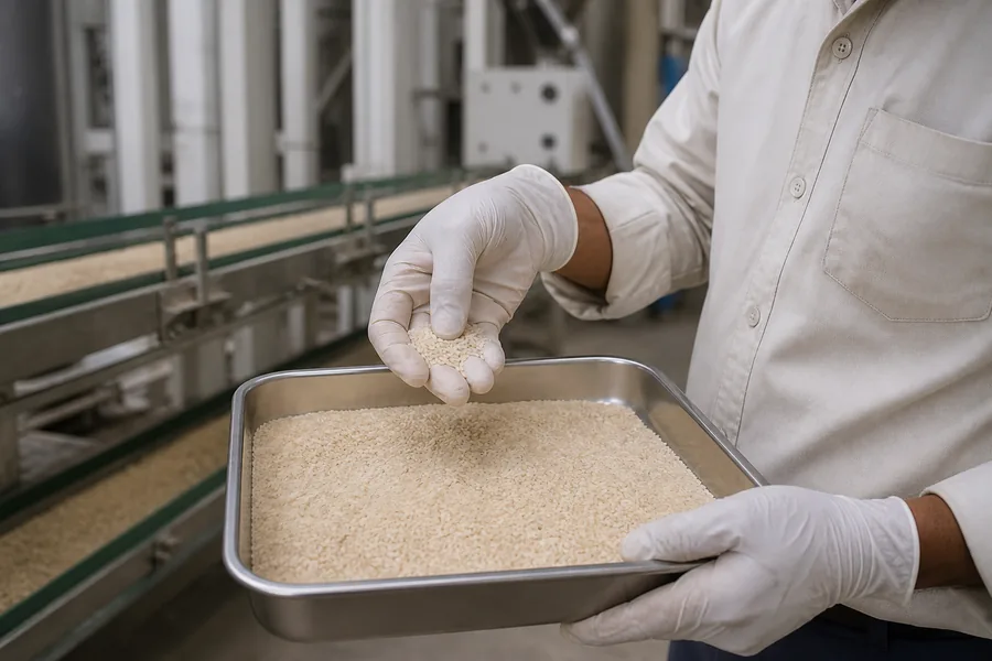 Rice sample being checked beside a processing line